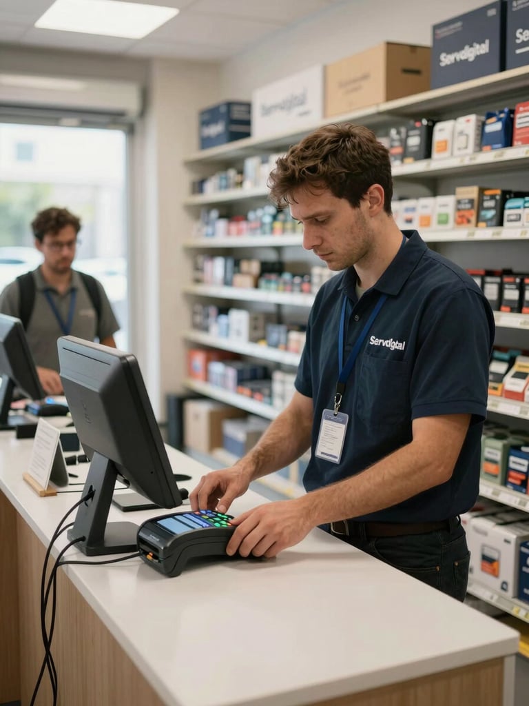 Wide environmental shot of a Servdigital technician at a store counter installing a POS terminal, store shelves in background fully stocked, natural daylight from the left, store owner watching nearby, documentary framing