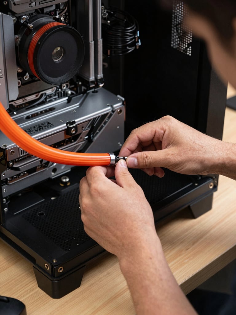 A technician's hands adjusting a custom liquid-cooled PC fitting with an orange coolant tube, soft workbench lighting