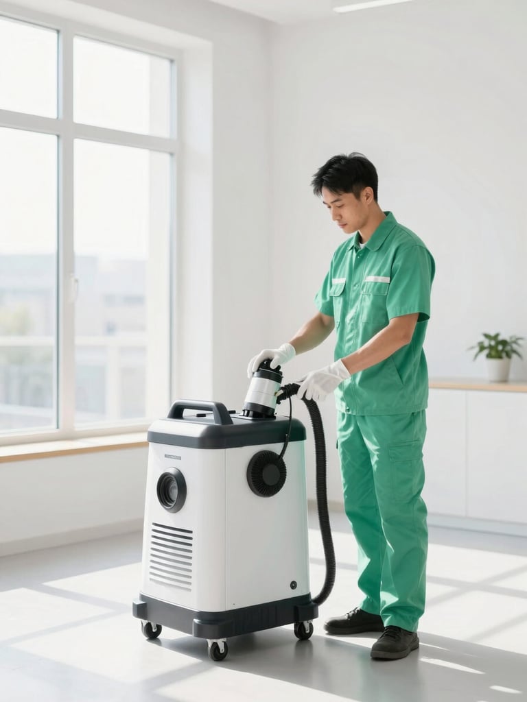 A professional technician in a clean uniform operating specialized commercial odor removal equipment in a bright, sunlit modern room, crisp natural daylight, clean white and soft green tones, sharp focus, 35mm lens