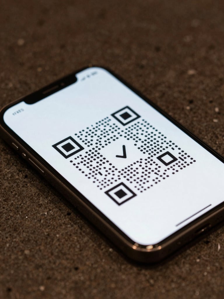 Macro close-up of a smartphone scanning a QR code on a matte loyalty card, held over a dark espresso-brown counter surface, sharp focus on the QR pattern, phone screen glowing with a confirmation tick, clean studio lighting from above