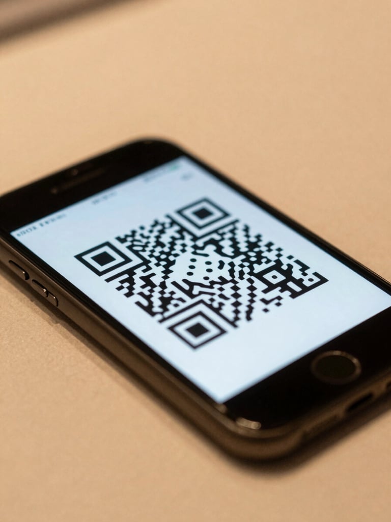 Macro close-up of a smartphone scanning a QR code loyalty card on a clean counter, warm amber light from above, sharp focus on the QR code and phone screen, minimal background