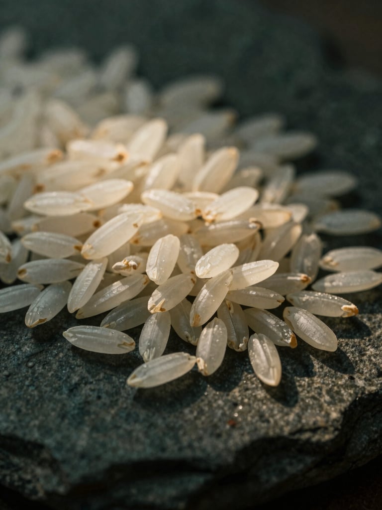 Macro photograph of raw, extra-long white rice grains resting on dark textured stone, dramatic side-lighting catching the pristine texture.