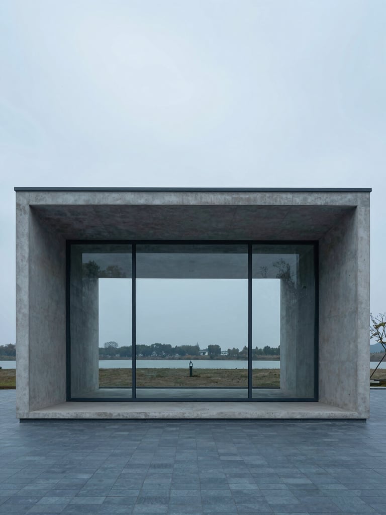 Minimalist architectural photography of a modern concrete and glass pavilion, sharp structural symmetry, cool overcast daylight, desaturated blue tones
