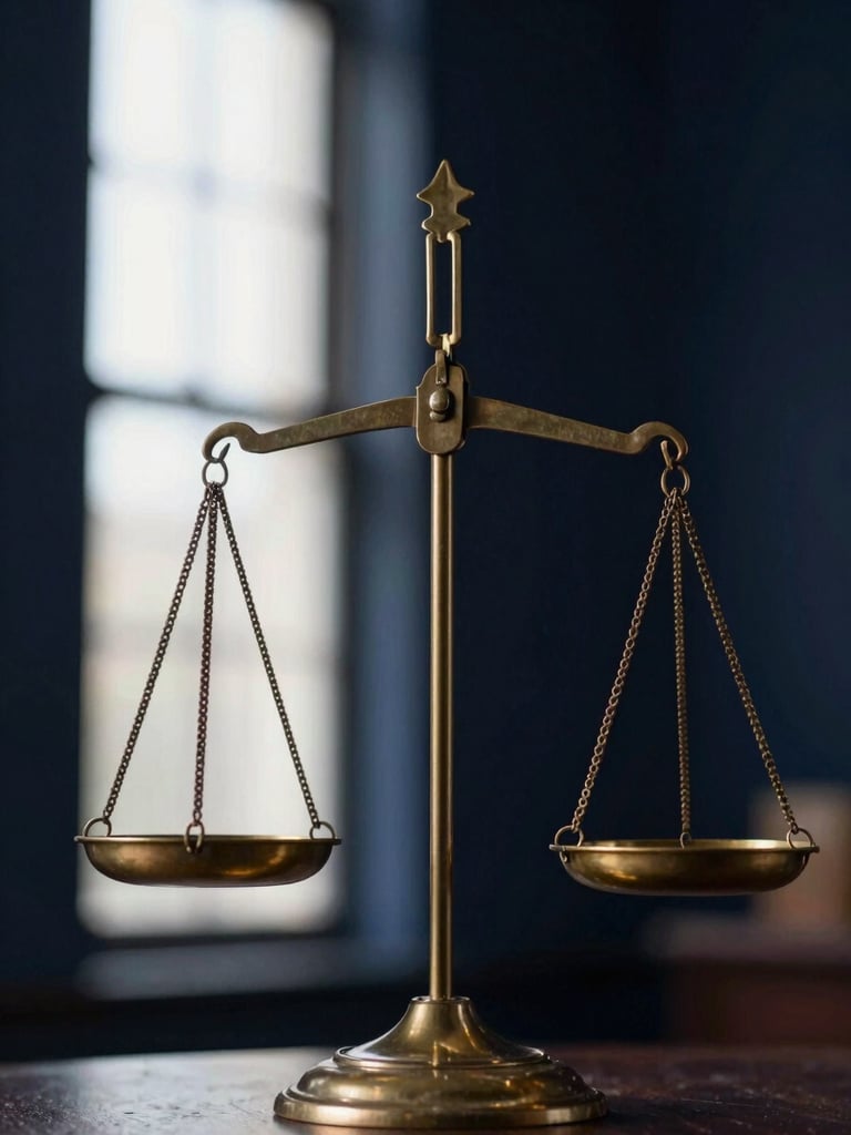Close-up of a classic brass scale of justice, perfectly balanced, with soft directional window light highlighting its intricate details, against a deep navy background, shallow depth of field, 50mm.