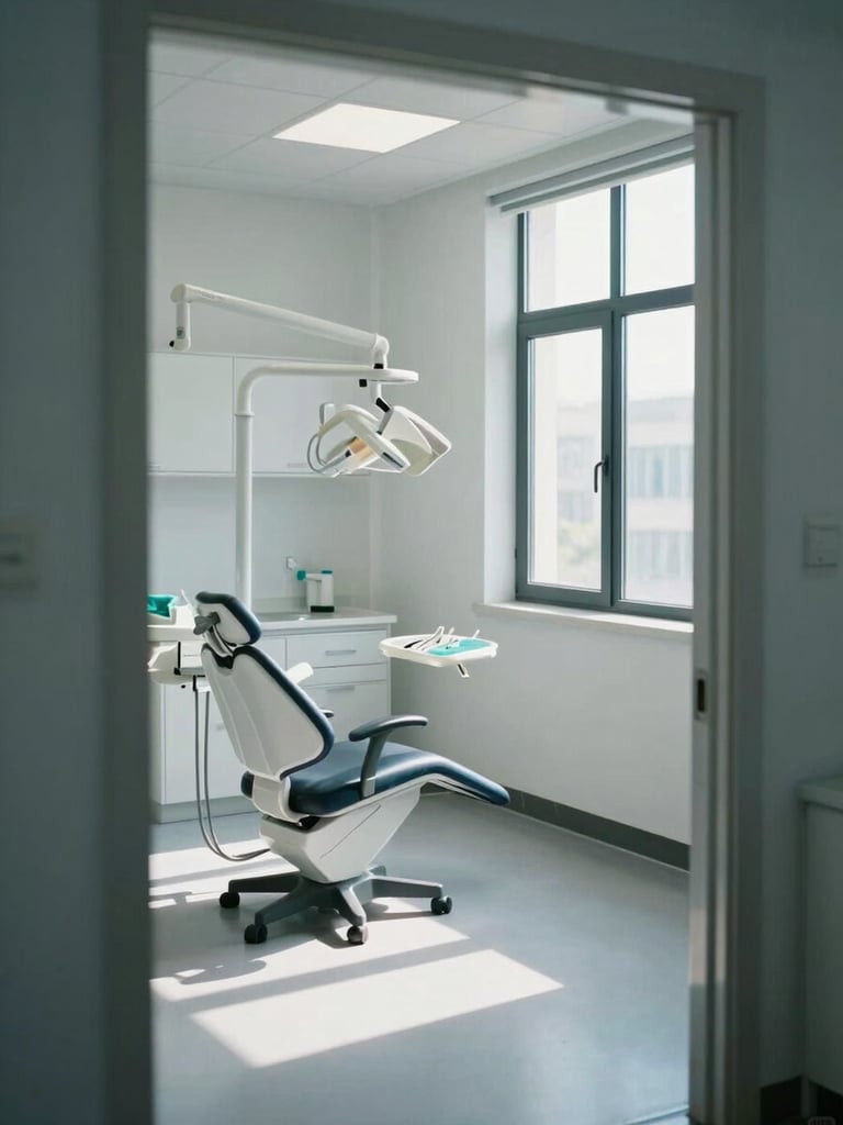 Wide interior of an empty dental consultation room photographed from the doorway, natural north-facing daylight entering through a tall window to the right, a clean operatory chair and instrument tray visible in the mid-ground, clinical white walls and minimal cabinetry, cool controlled ambient light, no people present, architectural calm