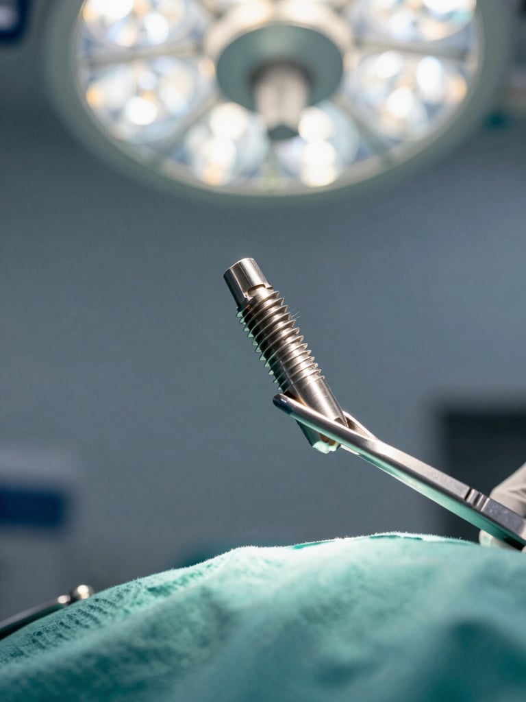 Extreme close-up of a titanium dental implant component held in surgical forceps over a sterile field, cool clinical strobe lighting from above, surgical green drape visible at the lower edge, no hands visible beyond the instrument grip, no patient