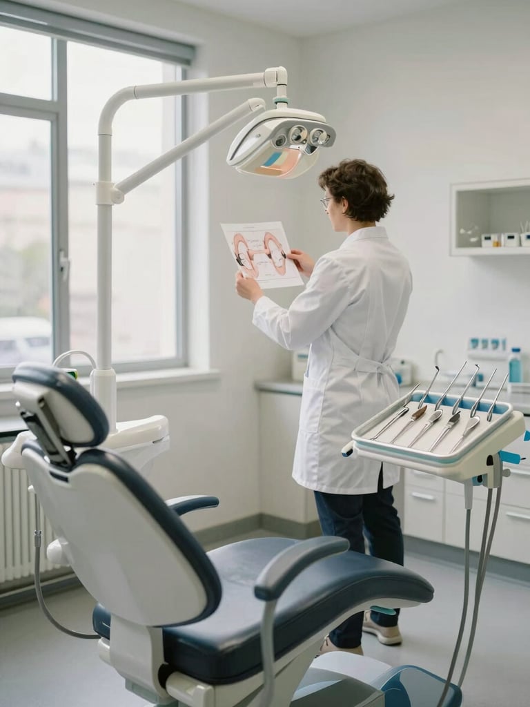 Wide environmental shot of a dental consultation room interior—empty operatory chair under soft north-facing window light, clinical instrumentation tray in precise order to the right, Dr. Clar in a white clinical coat standing in the background reviewing a printed occlusal diagram, muted white walls and clean surfaces, controlled natural daylight, no patients present