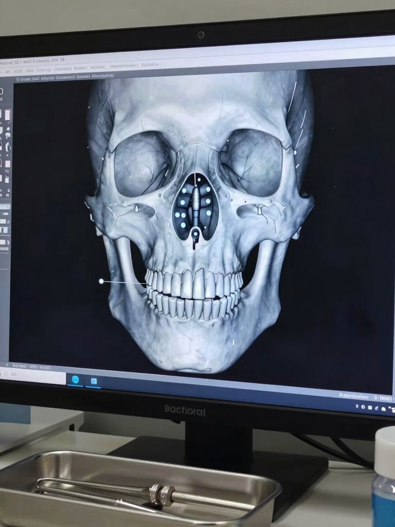 Clinical close-up of a surgical implant planning software on a screen, 3D bone model rendered in precise blue-grey tones showing implant position markers, controlled studio lighting, no patient visible, instrument tray edge in foreground