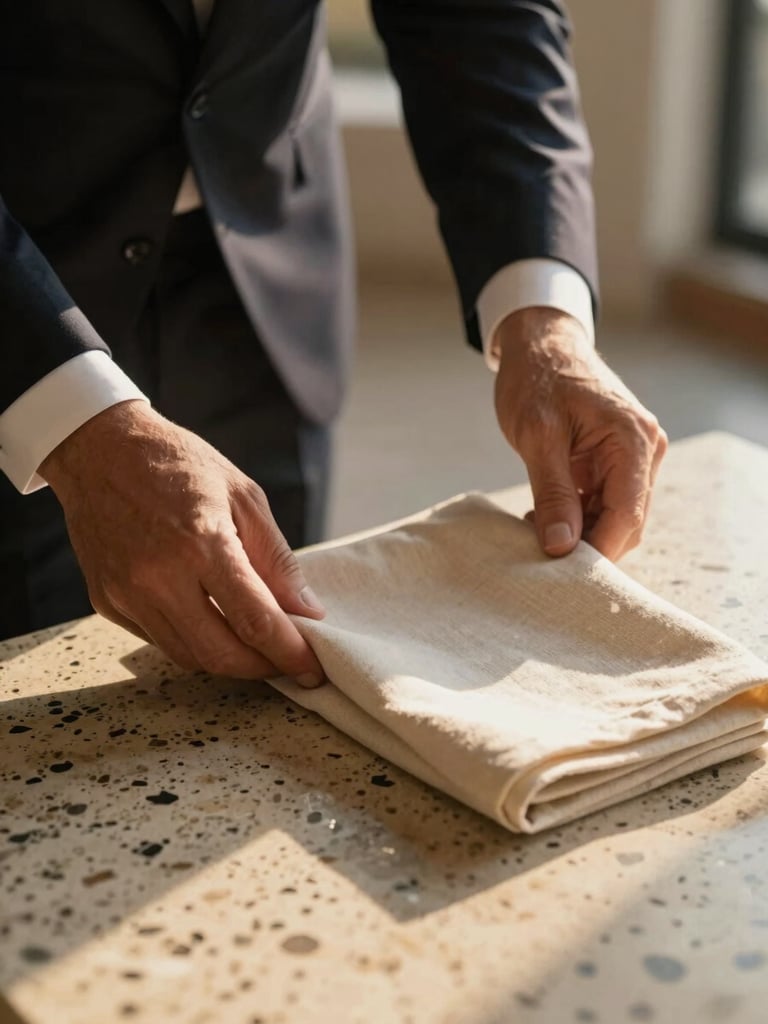 Extreme close-up of a butler in a dark suit adjusting a heavy linen napkin on a travertine table, soft morning light, shallow depth of field