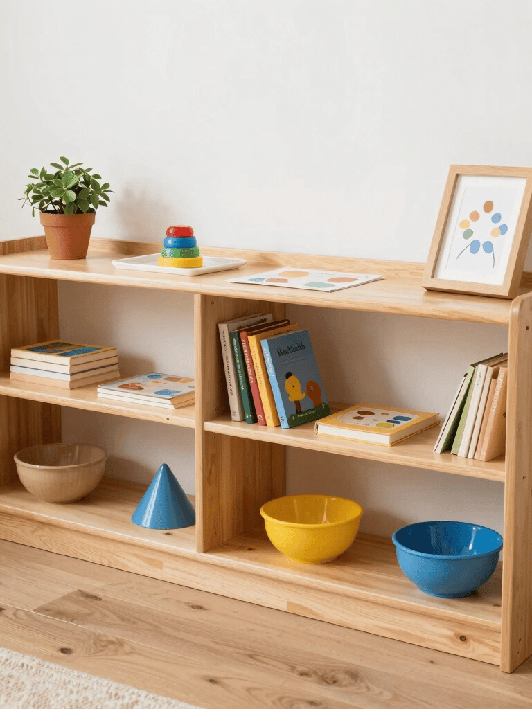 Light wood shelves in a bright, sunlit room with minimalist decor.