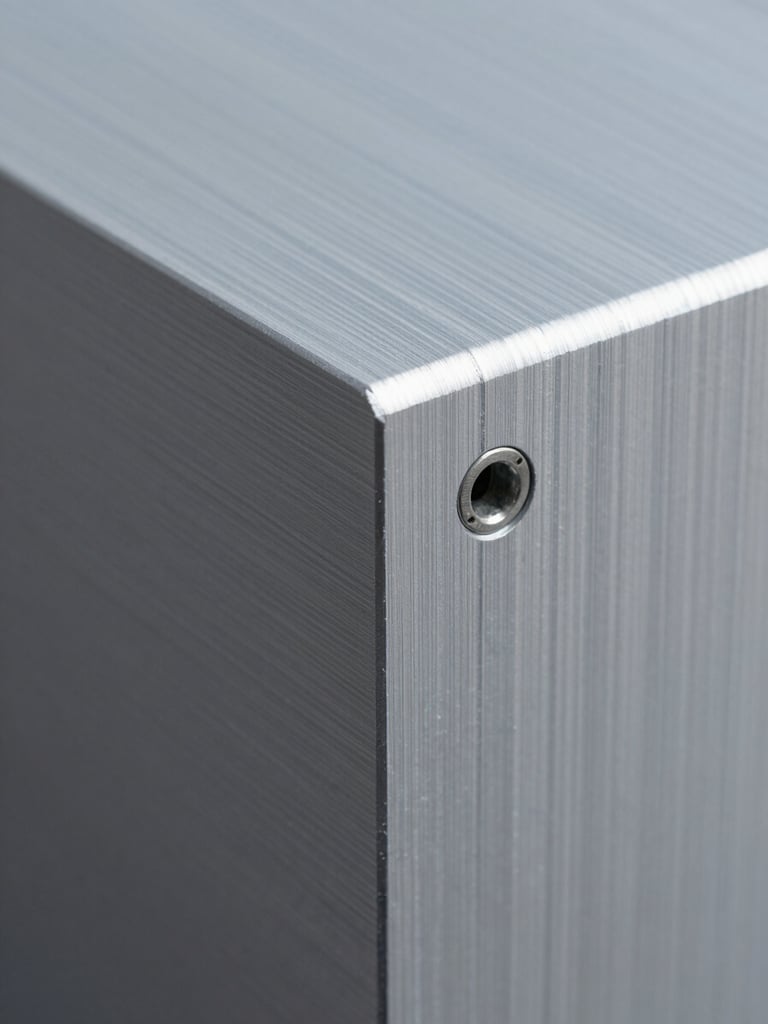 Extreme close-up of a fabricated aluminium composite panel edge, mounting bracket visible, crisp machined corner under cool studio daylight, surface texture sharp and dimensional