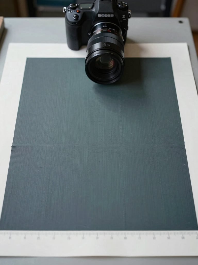 Close-up overhead of a large-format print sheet on the shop floor, camera low and tight on the printed surface — sharp color registration, visible ink texture on matte substrate, a ruled edge visible at the bottom, cool studio daylight from above
