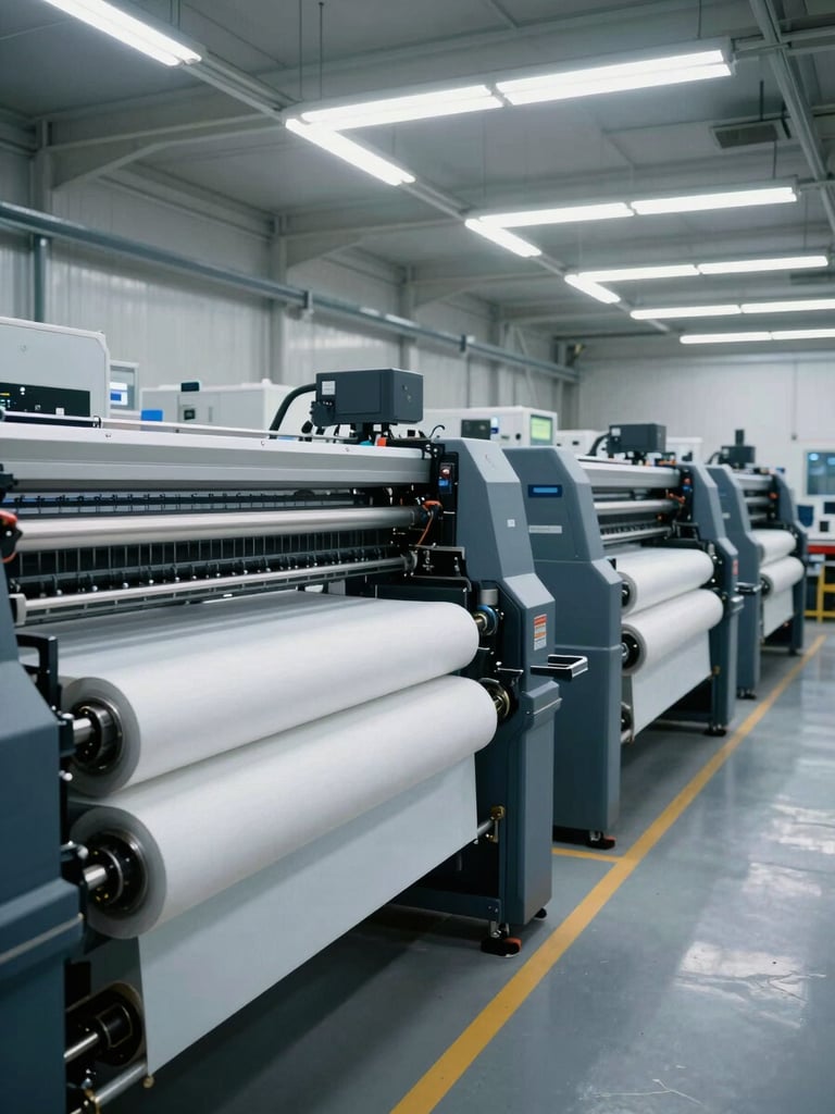 Wide panoramic view of a large-format digital printing facility, production machines running mid-job to the right, rolls of substrate visible on floor, cool daylight from overhead skylights, technical facility in active working state
