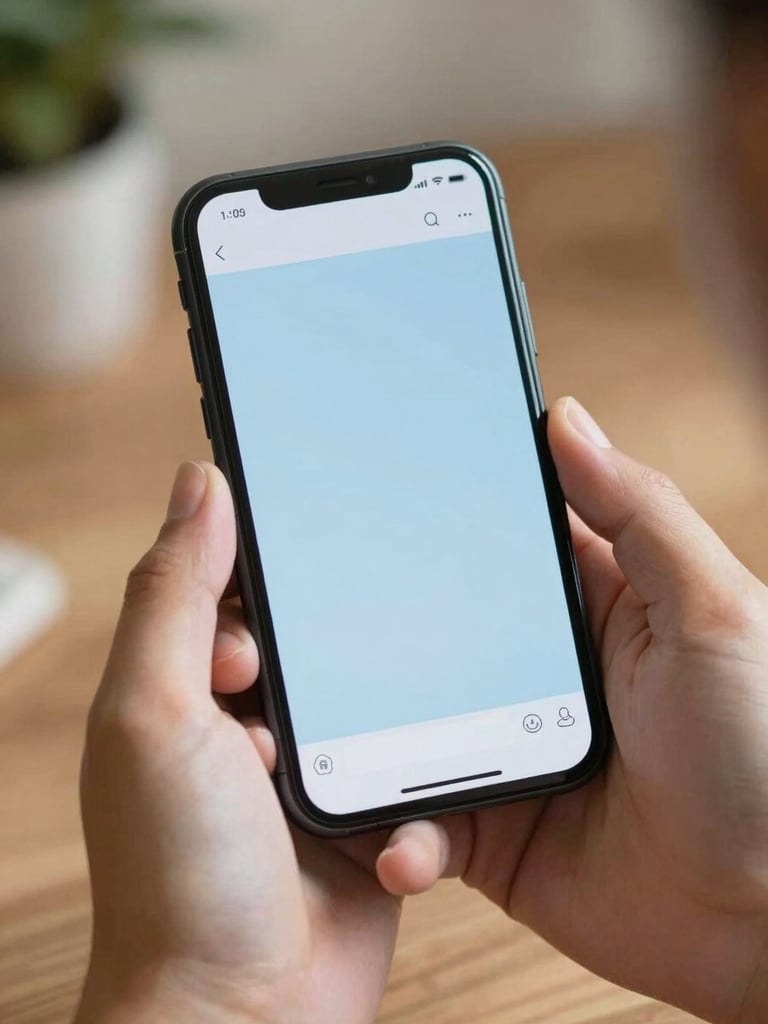 Close-up of hands holding a smartphone displaying a clean chat screen with a soft blue background, natural daylight, warm indoor setting, conveying safety and relief.