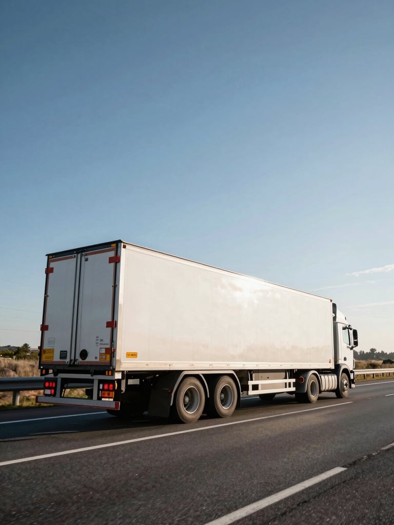Wide-angle tracking shot of a clean 20ft trailer truck driving on a scenic highway at sunrise, high contrast, professional photography