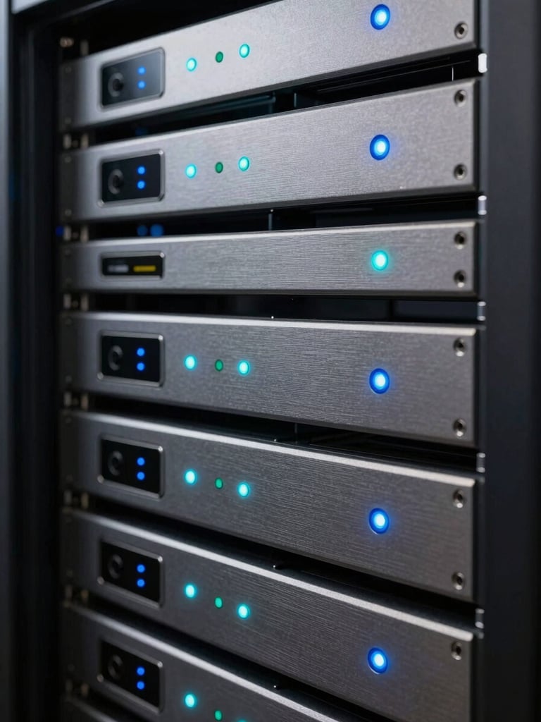 Clean, organized server rack with glowing blue and cyan indicator lights, brushed metal finish, sharp focus on components, cool ambient lighting, macro shot.