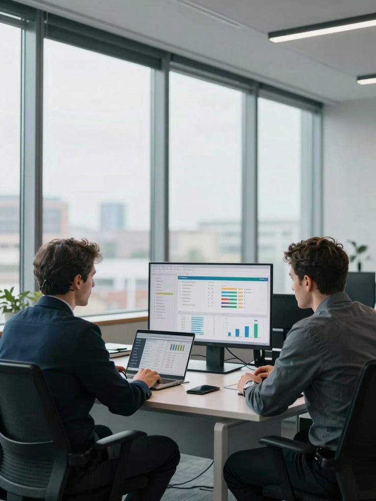 Medium environmental shot, left-to-right light from large office windows, two brand managers seated at a wide desk reviewing campaign analytics on a large monitor, laptops open with dashboard data visible, clean modern office background, cool daylight, no smiles — focused and in-progress
