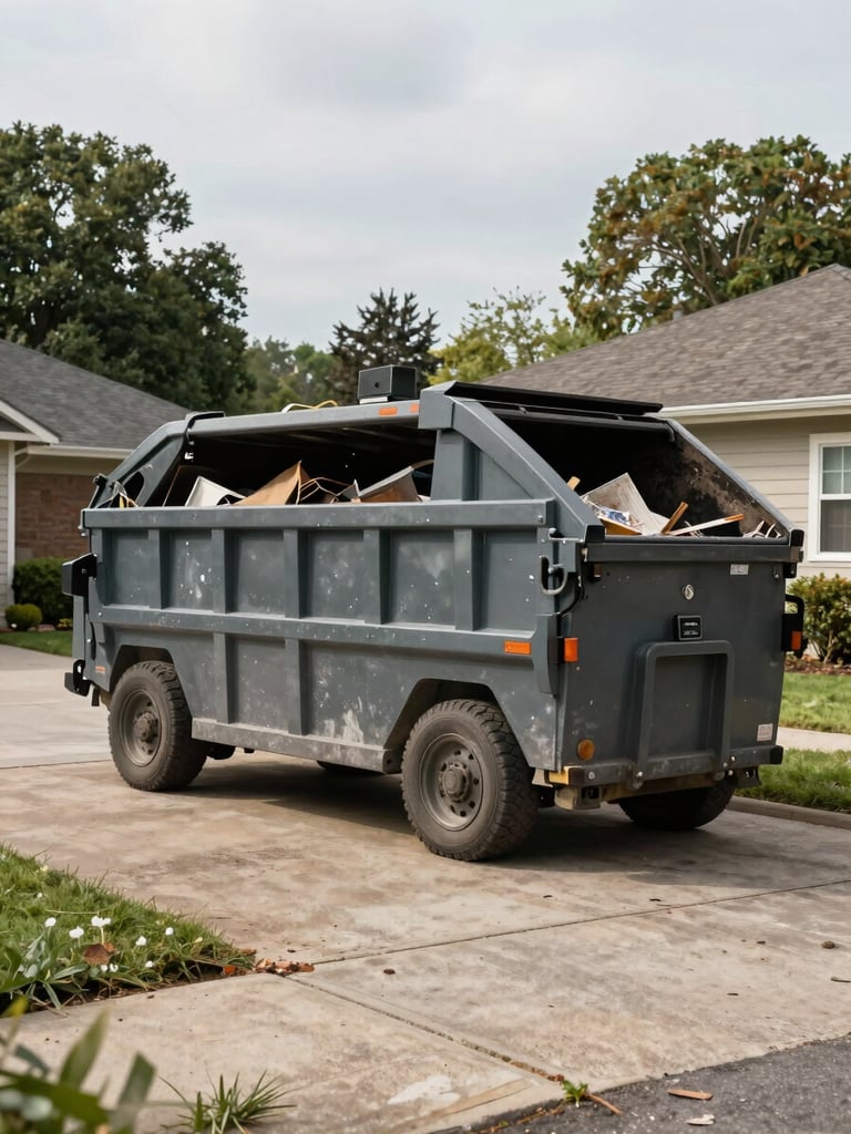 Wide environmental shot of a roll-off dumpster parked in a residential driveway, mid-cleanout with debris visible inside, overcast natural daylight, concrete and weathered surfaces in foreground
