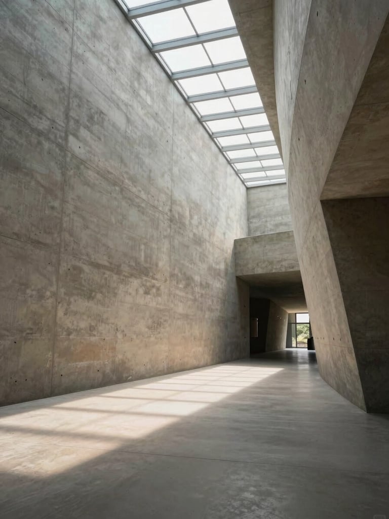Full-bleed interior of a vast architectural space captured from within—curved concrete walls receding into a vanishing point on the right, ambient natural light filtering through a long skylight overhead, warm shadow gradients pooling on the floor, shot at eye level from deep inside the environment with generous negative space in the upper left