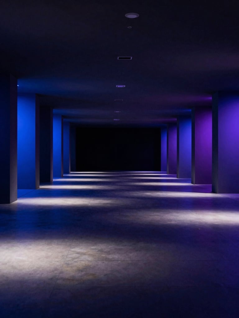 Full-bleed immersive event space captured from within during a live branded installation, dramatic directional lighting casting long shadows across the floor, spatial depth extending in all directions from the center, deep blue and violet ambient tones, no people