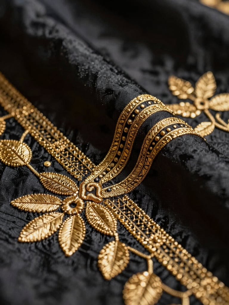 Extreme close-up of intricate antique gold embroidery on heavy dark silk fabric, dramatic high-contrast lighting, textile textures.