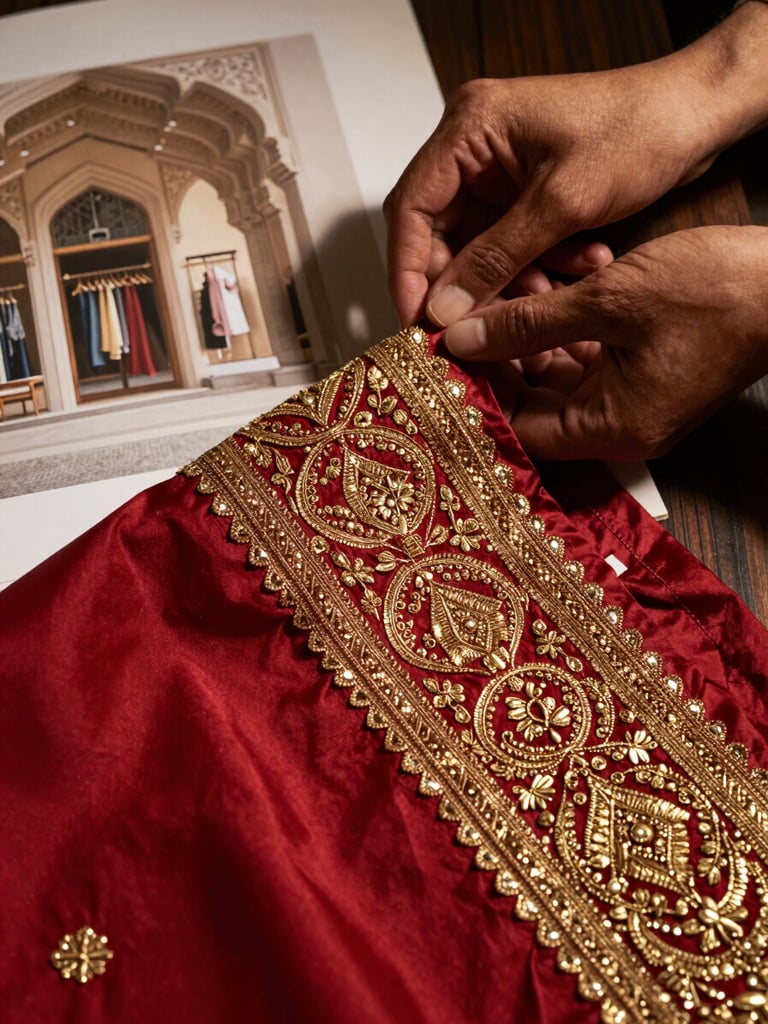 Close-up of intricate gold zardozi embroidery on heavy crimson silk, hands adjusting a pattern next to a boutique architectural layout, dramatic chiaroscuro lighting.