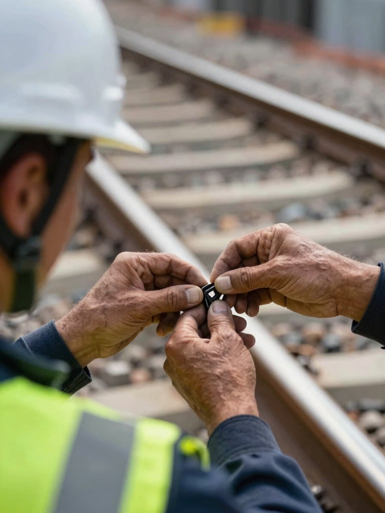 Close-up documentary shot of a construction worker's hands fastening a high-visibility vest clip on a rail site, safety helmet visible in frame, cool natural daylight, shallow depth with track infrastructure blurred behind