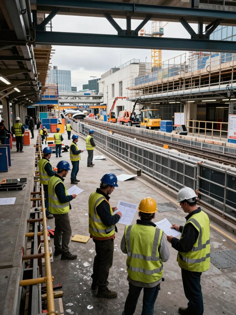Wide shot looking along an active London Underground station construction zone, a crew of workers in hi-vis vests and hard hats consulting site drawings near steel formwork, cool natural overcast light filtering through structural openings, scaffolding and heavy equipment visible in background, documentary framing