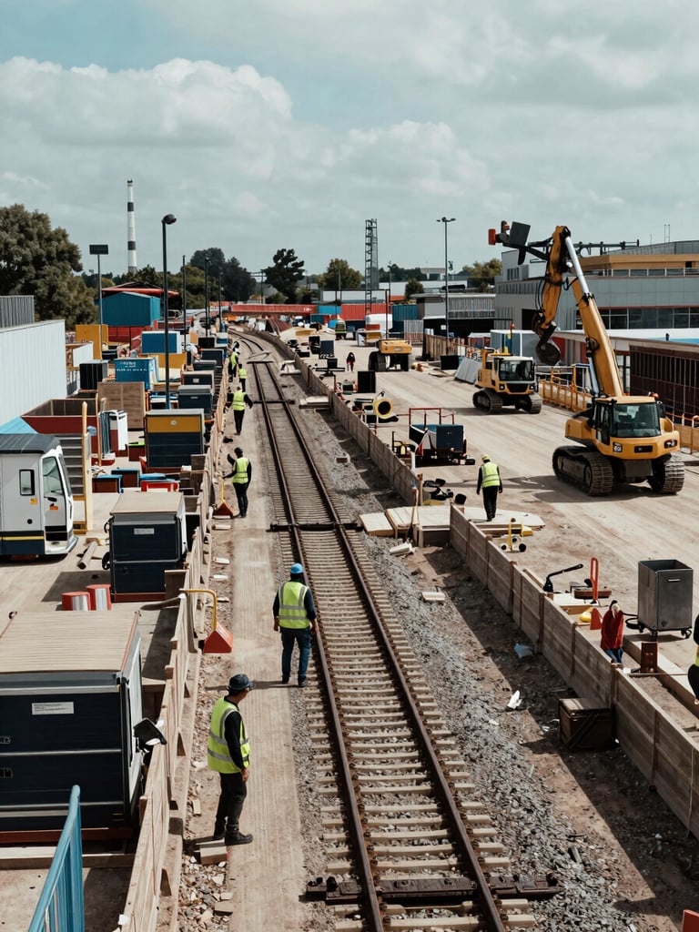 Wide panoramic view of an active London rail construction site at midday — workers in hi-vis vests moving along a newly laid track corridor, heavy machinery positioned to the far right, documentary-style cool daylight, no posed subjects, shot from a slightly elevated angle showing the full operational scale of the site