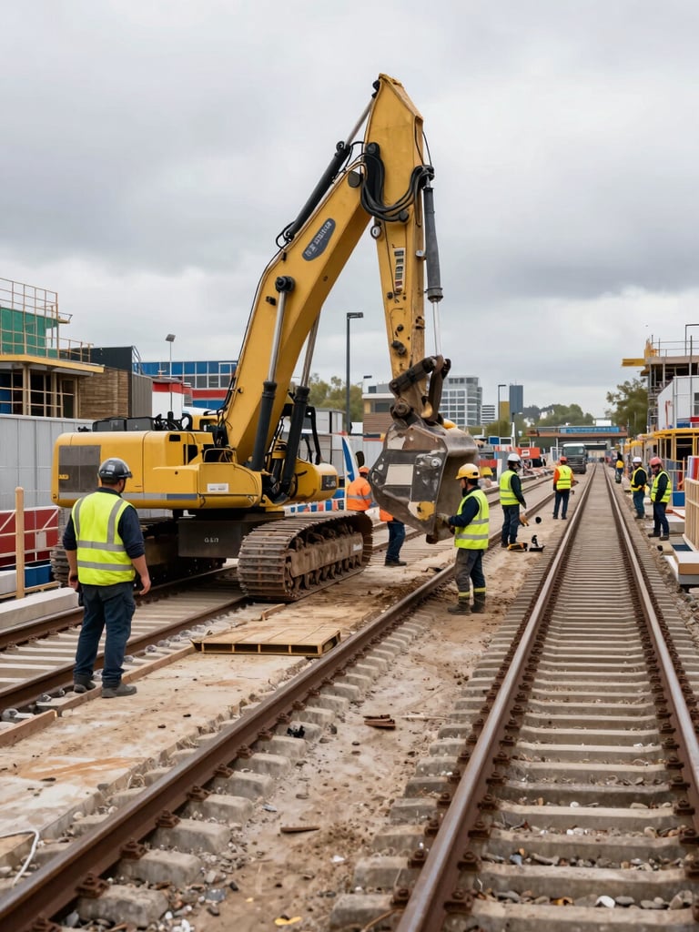 Wide environmental shot of an active London rail construction site — workers in high-visibility gear operating alongside heavy plant machinery on freshly laid track bed, natural overcast daylight, documentary framing with the rail corridor receding into the distance on the right third
