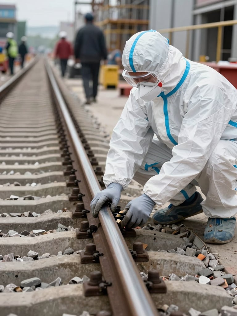 Close-up environmental shot of a rail track installation in progress — a worker in full PPE crouching to inspect a fresh sleeper joint, steel rail running diagonally from the foreground into a busy construction corridor behind, cool daylight, documentary style, no posed elements