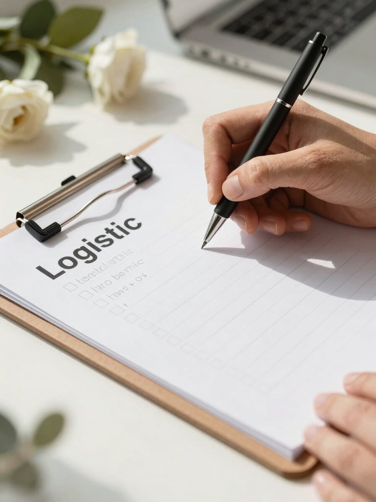 Close-up of hands writing logistics notes on a clean clipboard in a bright, sunlit floral studio, soft shadows, editorial style.