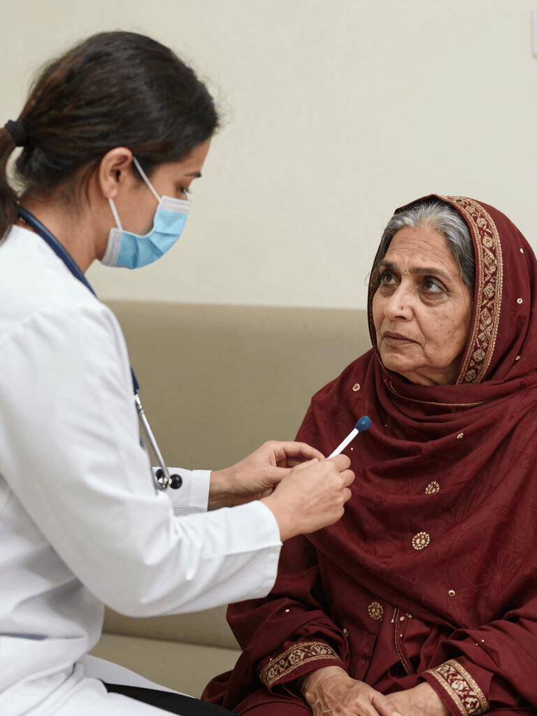Close-medium shot inside a bright home living room, a licensed nurse in scrubs checking a patient's blood pressure on a forearm, medical bag open on a side table, natural window light from the left, clinical work in progress