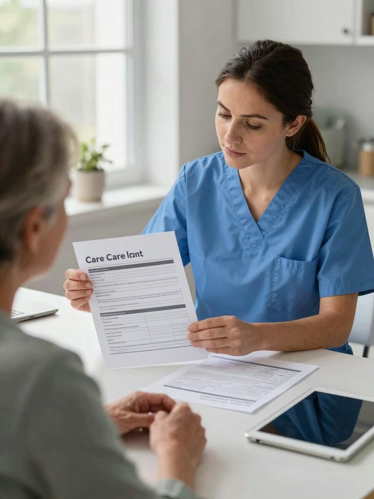 Medium shot of a home health aide reviewing a printed care plan document with a patient's family member at a kitchen table, bright natural light from a window, printed charts and a tablet visible on the table surface, focus on the documentation being reviewed together