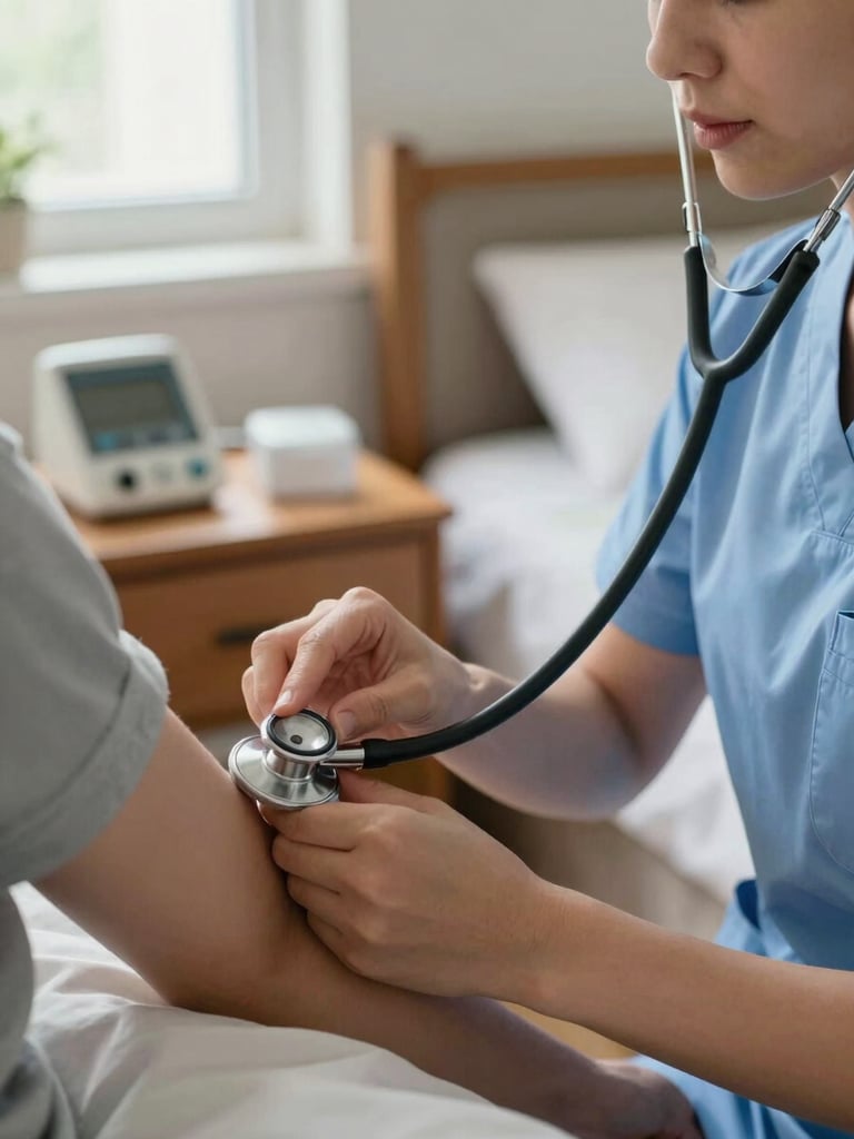 Close-up medium shot of a nurse's hands checking a patient's pulse with a stethoscope in a warmly lit home bedroom, natural daylight from a nearby window, clinical equipment visible on a side table, focus on the hands and instrument in action