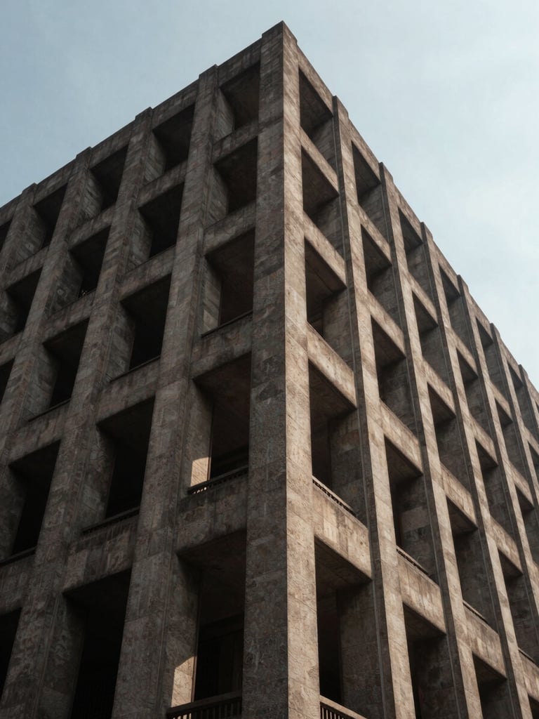 Brutalist financial architecture detail in Mumbai, sharp dramatic shadows on heavy stone, natural overcast daylight, wide-angle environmental framing