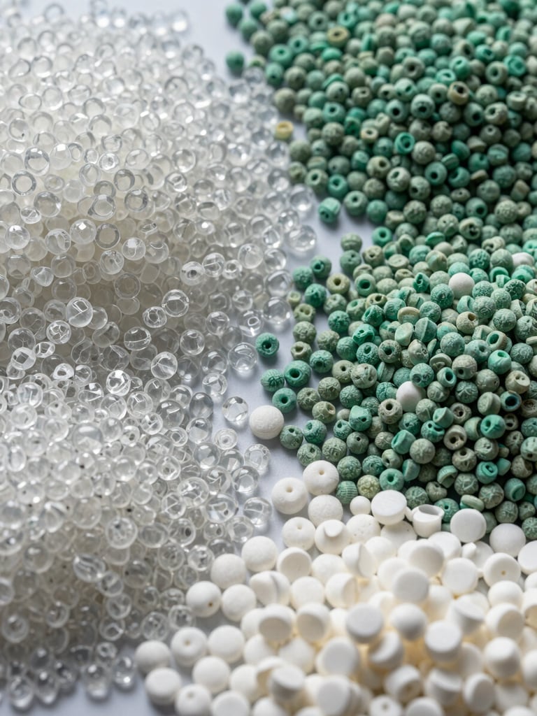 Overhead macro close-up of sorted plastic pellets grouped by resin type—translucent PET granules, opaque white HDPE pellets, and green-tinted PP granules arranged in distinct clusters on a flat surface, studio strobe lighting from above revealing grain texture and density differences, sharp focus across all clusters, no hands, no labels