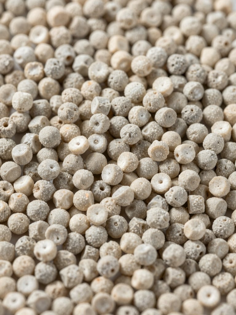 Close-up macro of uniform HDPE resin granules in natural grey-white tones arranged densely on a flat industrial tray, studio strobe side-lighting revealing surface sheen and grain consistency, no text, no people