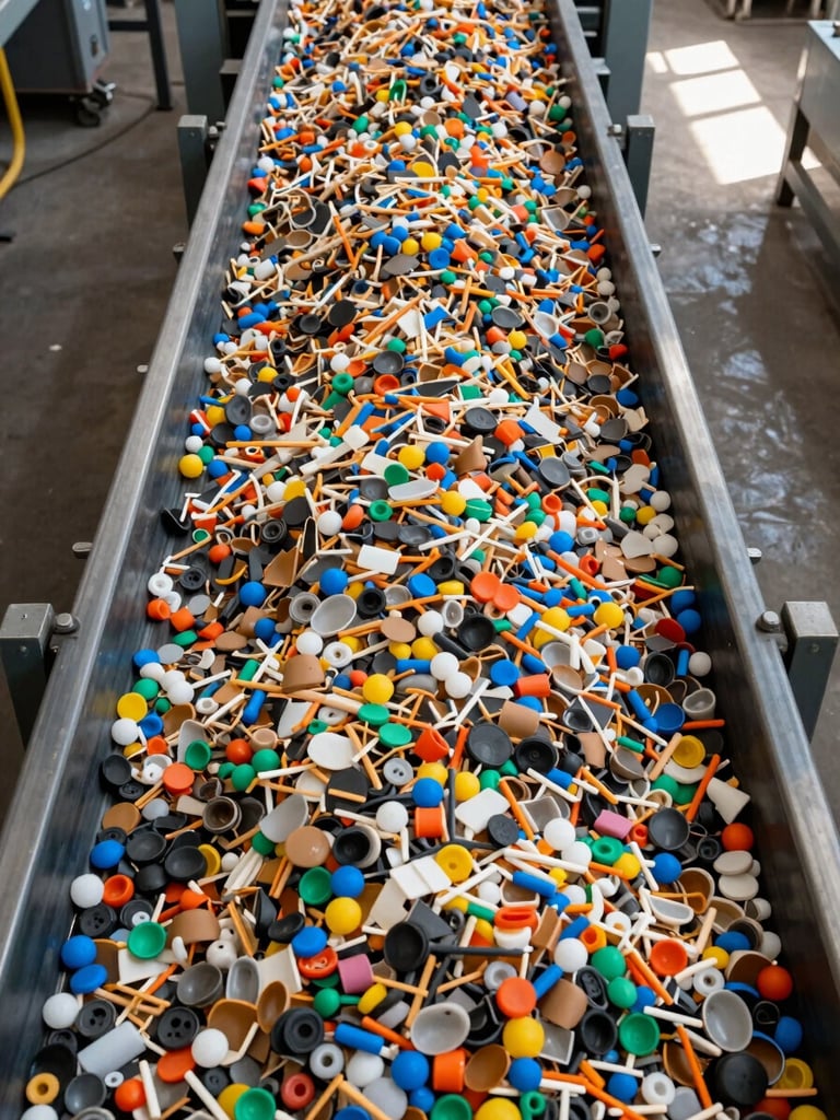 Overhead wide shot of an industrial plastic recycling sorting line, conveyor belt carrying shredded multicolored plastic flake in organized streams by resin type, facility floor visible at edges showing scale, documentary daylight through skylights, no people, texture and density of sorted material clearly resolved