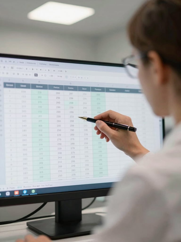 Close-up over-shoulder perspective of a clinic administrator reviewing appointment data on a monitor, columns of time slots and patient status indicators visible on screen, soft overhead office light, natural and unposed