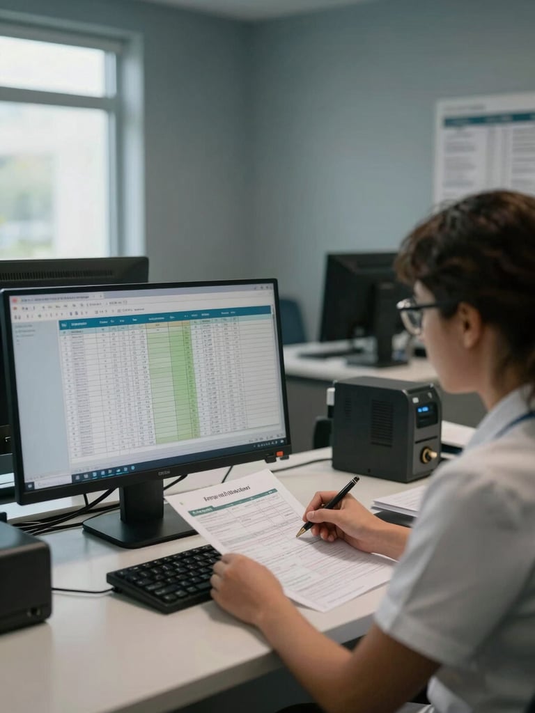 Wide environmental shot of a clinic reception office, over-shoulder perspective of a staff member reviewing appointment data on a desktop monitor, natural window light falling across a desk with paper charts and a keyboard, muted blue-grey walls, no patients visible