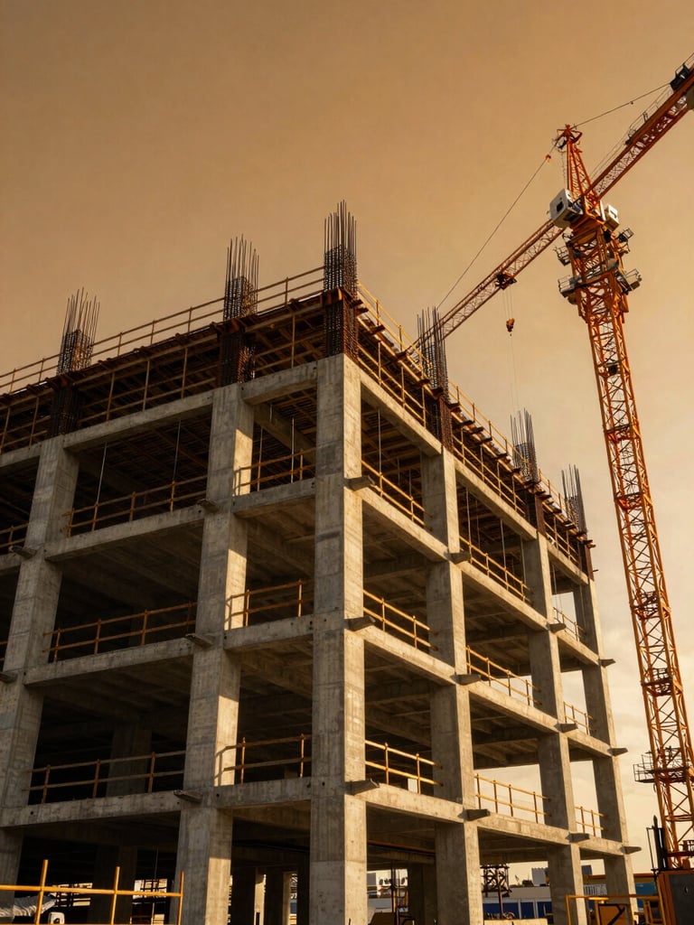 Wide-angle low shot of a massive reinforced concrete structure under construction at golden hour, steel rebar lattice rising against a deep amber sky, heavy cranes positioned at the right edge, no workers visible, photographed to emphasize structural mass and engineering scale