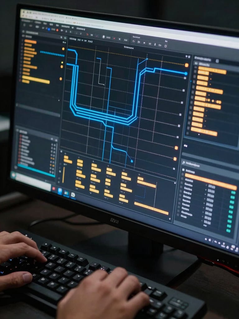 Extreme close-up overhead view of a dark engineering dashboard on a large monitor, electric-blue data flow lines and amber-yellow metric tiles glowing on a matte-black interface, hands resting on a mechanical keyboard in lower frame, cool fluorescent overhead lighting casting sharp reflections on the screen glass
