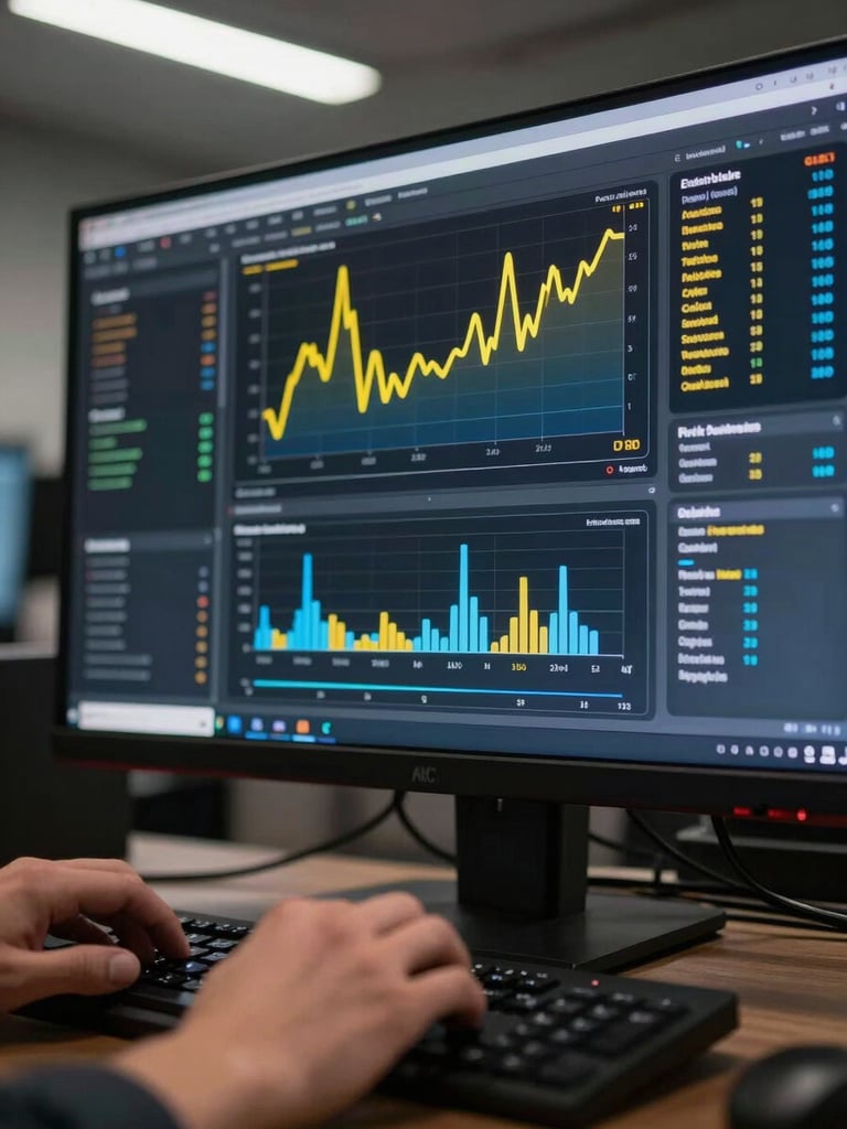 Extreme close-up of a live analytics dashboard on a wide monitor in a dim control room, yellow and blue data charts glowing on matte-black UI, hands resting on keyboard in soft focus foreground, overhead fluorescent strip light reflecting off the screen surface