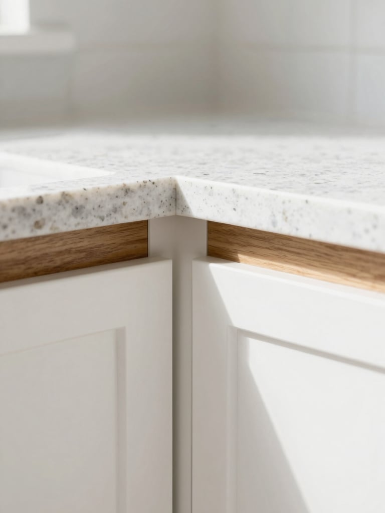 Close-up macro architectural photography of a flawless joint between polished quartz countertop and precision-milled white oak cabinetry, bright natural daylight