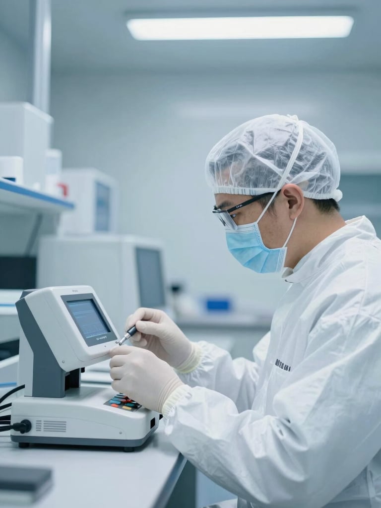 Focused technician in sterile white cleanroom suit examining a digital calibration instrument, bright clinical lighting, cool blue tones
