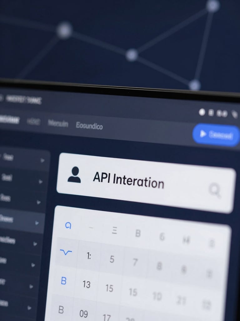Macro shot of a clean software dashboard interface showing calendar API integration keys and real-time network node connections, cool corporate studio lighting, deep navy tones