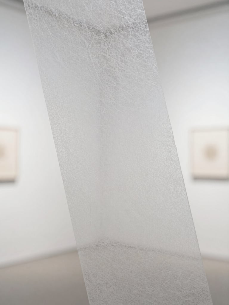 Macro close-up of translucent white fiberglass papercut material, showing the fine fibrous texture, clean cut edges, and subtle light transmission under soft gallery side-light.