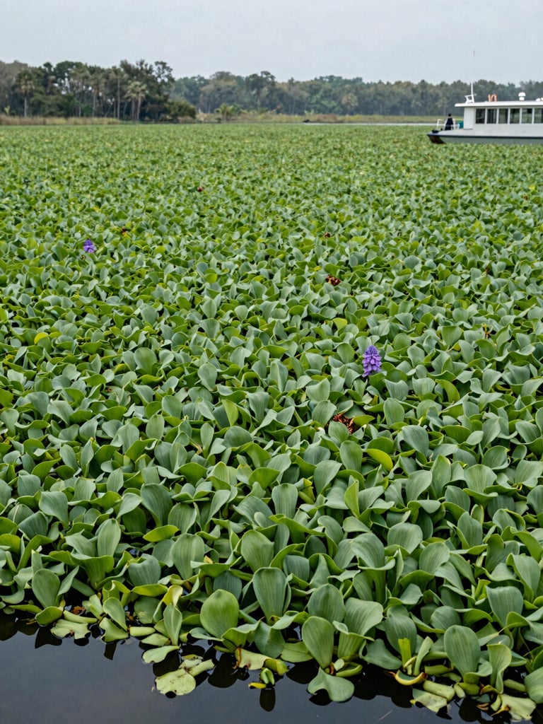Wide environmental shot at water level looking across a Georgia pond choked with water hyacinth mats, treatment boat visible at the far right edge, overcast natural daylight, muted green and grey tones, documentary framing showing the full scale of the infestation