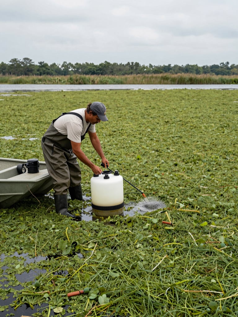 Field technician in waders applying aquatic herbicide treatment to a weed-choked Georgia pond from a flat-bottom boat, wide environmental framing showing the full extent of the weed mat, overcast natural daylight, documentary evidence-style photography